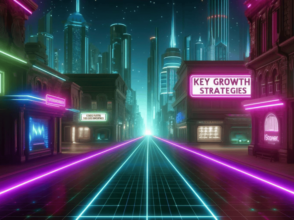 A digital landscape at night with a pathway illuminated by neon lights in cyan and magenta, leading through futuristic buildings. Digital billboards along the path show key growth strategies. The sky is a digital grid, enhancing the retro-tech vibe.
